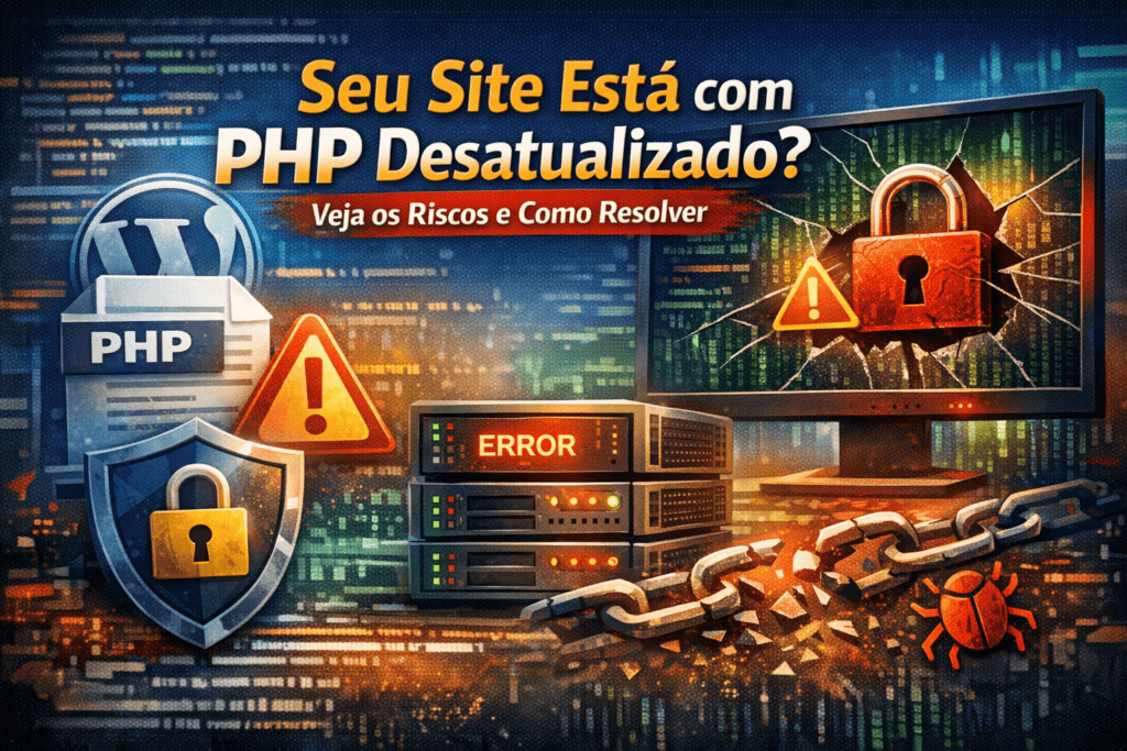 Site WordPress com PHP desatualizado mostrando erros, falhas de segurança e necessidade de atualização do servidor