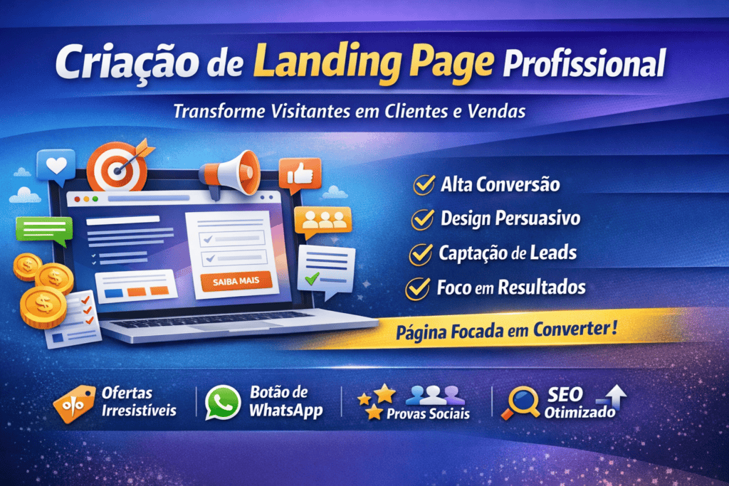 Banner de criação de landing page profissional com foco em alta conversão, geração de leads e vendas online
