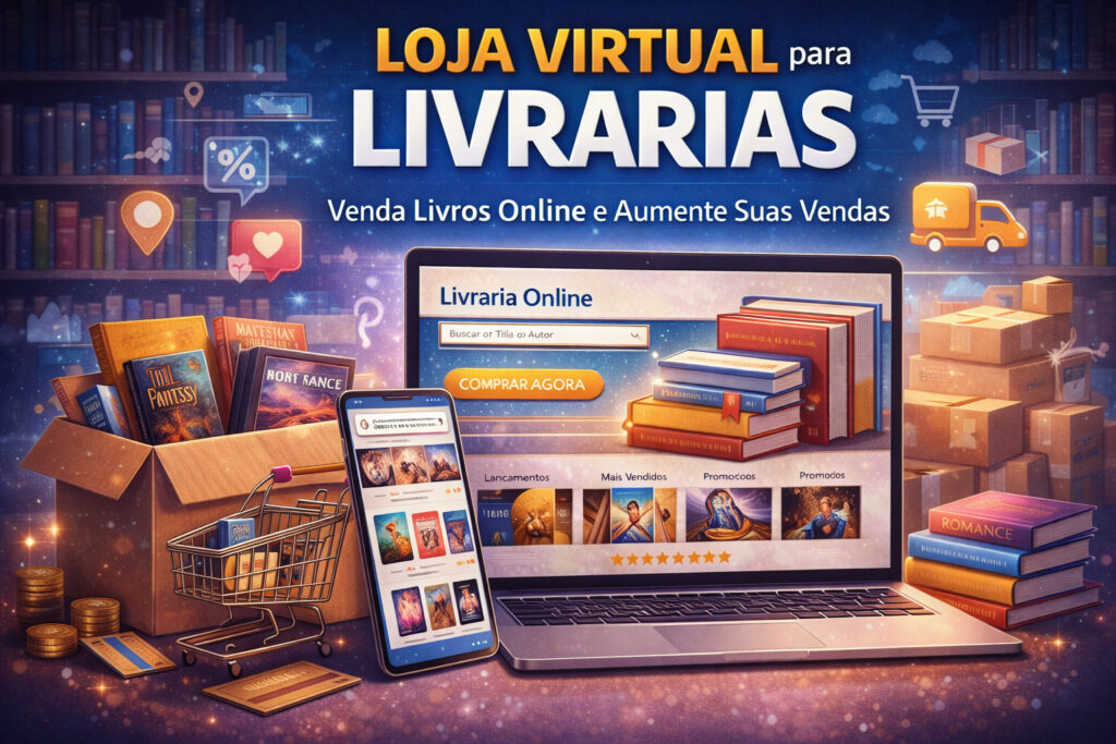 Loja virtual para livrarias com laptop e celular exibindo site de venda de livros online e catálogo digital.