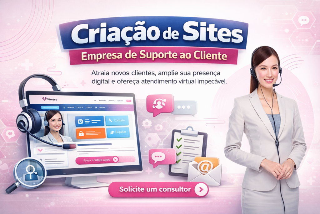 Imagem de capa mostrando atendente com headset ao lado de um computador com interface de site profissional, ícones de suporte ao cliente e título “Criação de Sites – Empresa de Suporte ao Cliente” em tons rosa e azul.