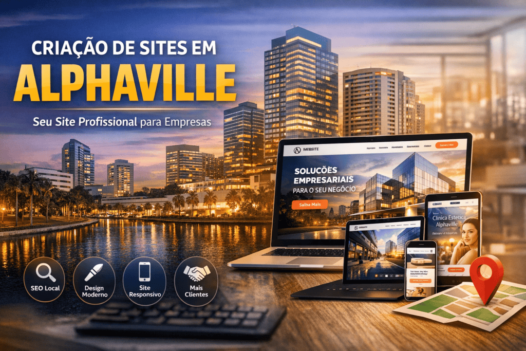Banner de criação de sites em Alphaville com design moderno, SEO local e site profissional para empresas