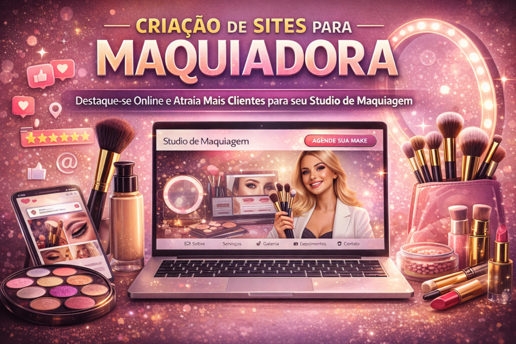 Criação de sites para maquiadora profissional com portfólio de maquiagem, laptop exibindo site de estúdio de maquiagem e ferramentas de beleza.