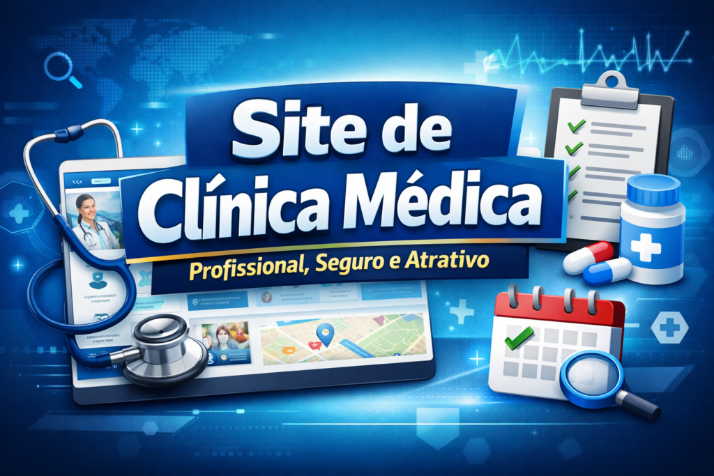 Imagem de capa com design azul mostrando elementos médicos, como tablet com site, estetoscópio, calendário e ícones de saúde, destacando o título “Site de Clínica Médica – Profissional, Seguro e Atrativo”.