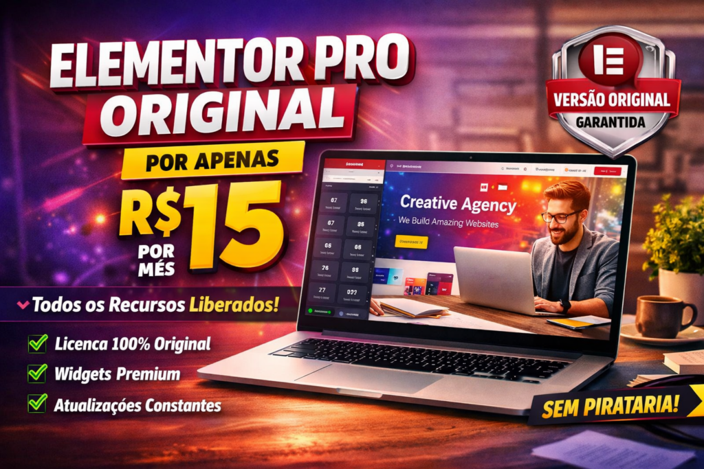 Elementor Pro Original por R$15 por mês com todos os recursos premium liberados para criação de sites profissionais