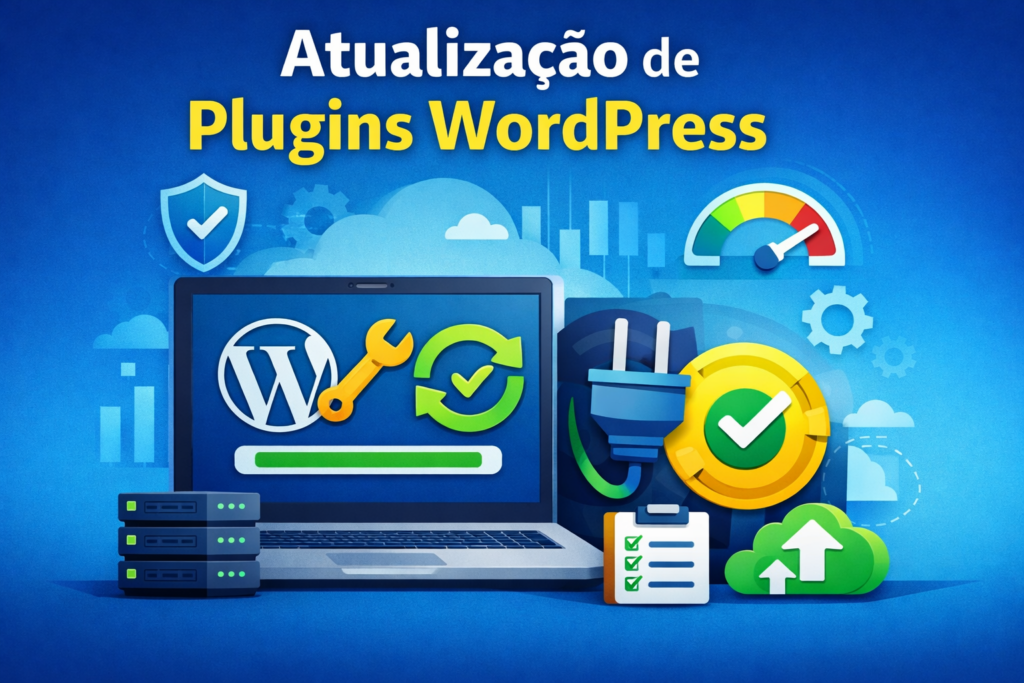Atualização de plugins WordPress com laptop exibindo painel de atualização, ícones de segurança, velocidade e sistema otimizado