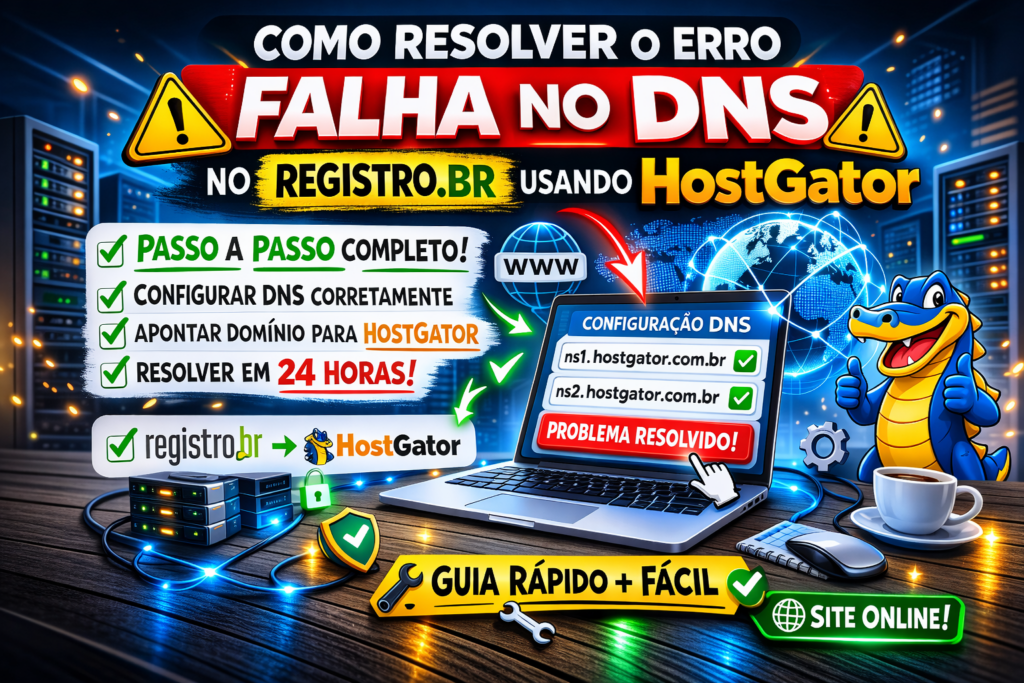 Capa explicativa mostrando como resolver o erro Falha no DNS no Registro.br usando HostGator, com elementos visuais de servidores, laptop e configurações DNS. ✅ Legenda da Imagem Guia visual passo a p