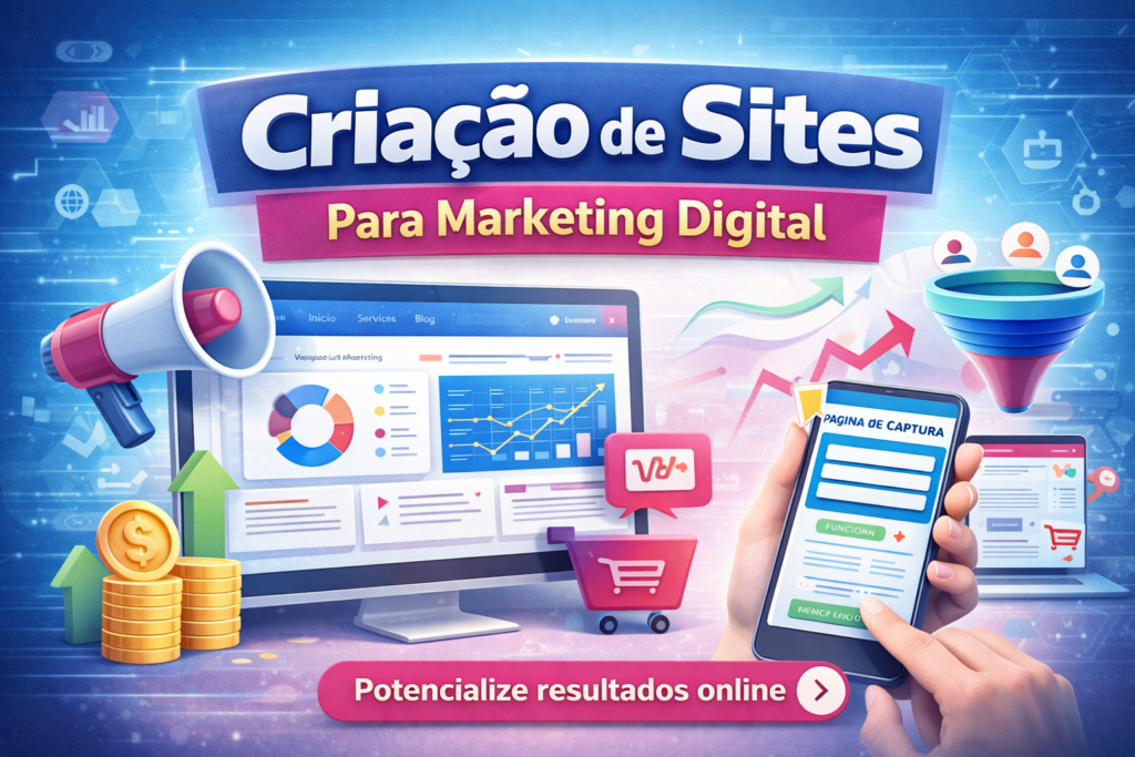 Imagem de capa sobre criação de sites para marketing digital, com elementos como gráficos, funil de vendas, megafone, moedas, smartphone com página de captura e título “Criação de Sites para Marketing Digital”.