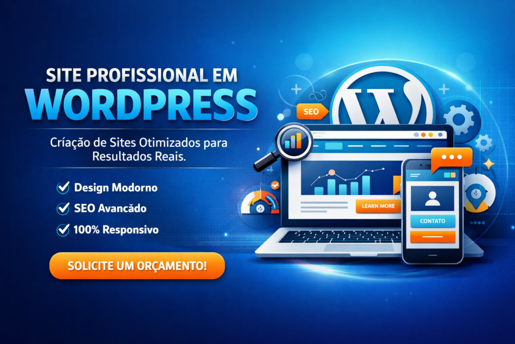 Banner de criação de site profissional em WordPress com foco em SEO, design moderno e sites responsivos para empresas