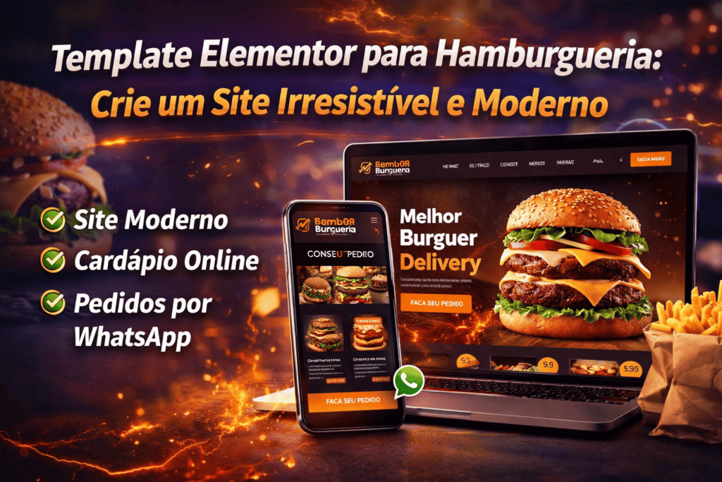 Template Elementor para hamburgueria com site moderno para delivery, cardápio online e pedidos via WhatsApp em WordPress