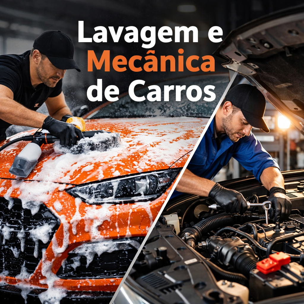Lavagem e mecânica de carros com profissional realizando limpeza automotiva e manutenção em oficina mecânica
