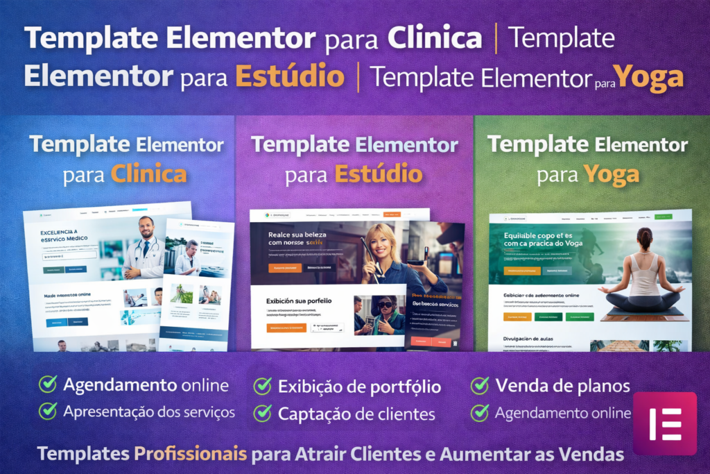 Templates Elementor para clínica, estúdio e yoga com design profissional para criação de sites modernos e responsivos