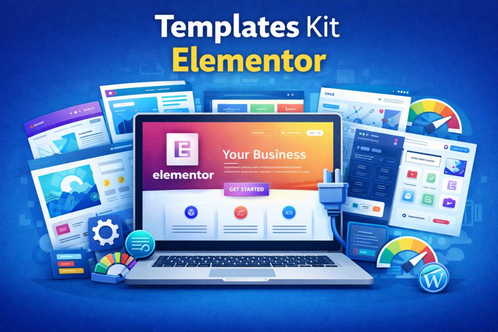 Templates Kit Elementor com laptop exibindo layout de site profissional, design moderno e criação de páginas com Elementor