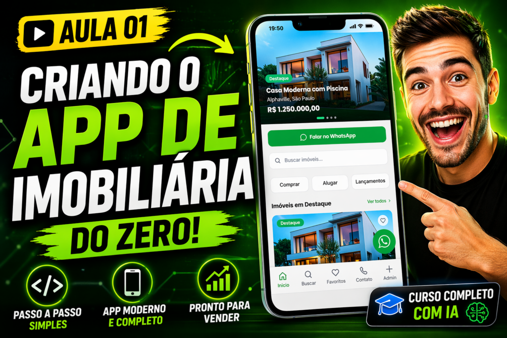 Aplicativo de imobiliária exibindo imóveis no celular com botão de WhatsApp