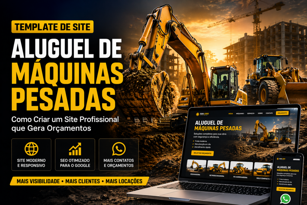 Template de site para aluguel de máquinas pesadas criado com Elementor Pro, ideal para empresas de construção civil e locação de equipamentos