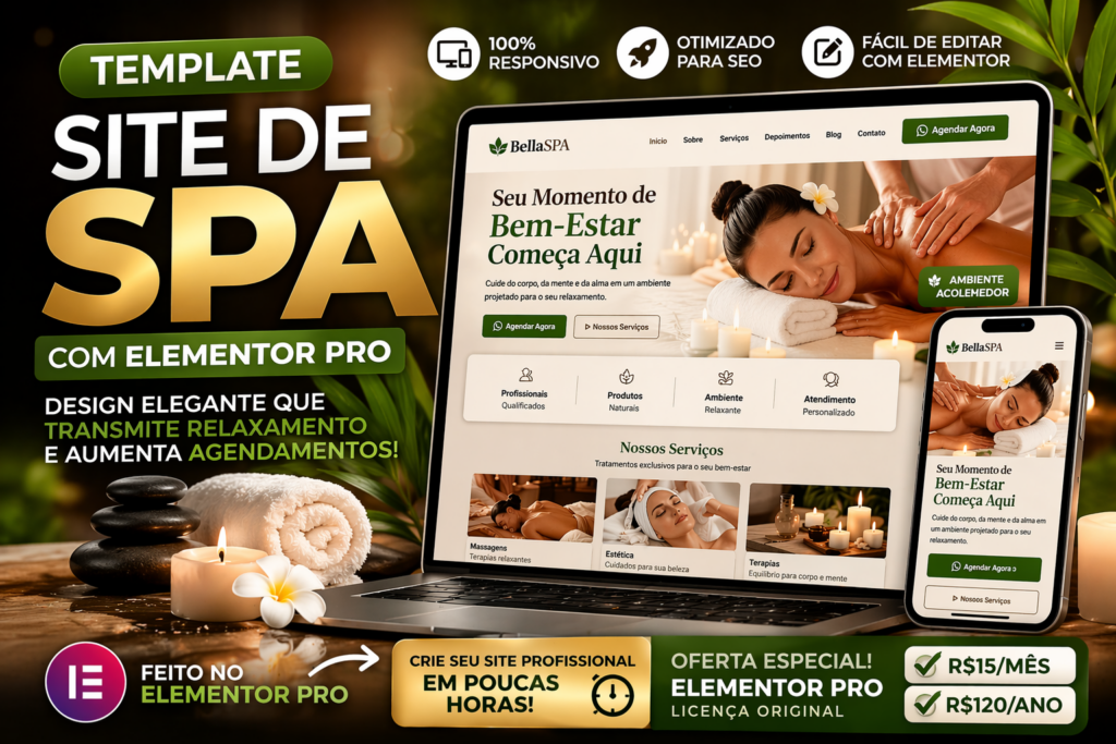 Template de site para SPA criado com Elementor Pro, design elegante para clínicas de estética e bem-estar